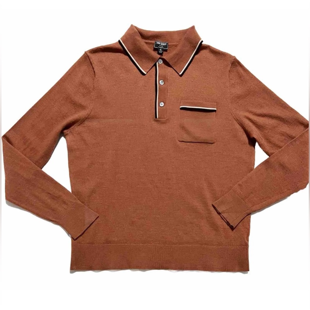Todd Snyder Long Sleeve Merino Wool Tipped Polo Sweater XL Rust MEASUREMENTS